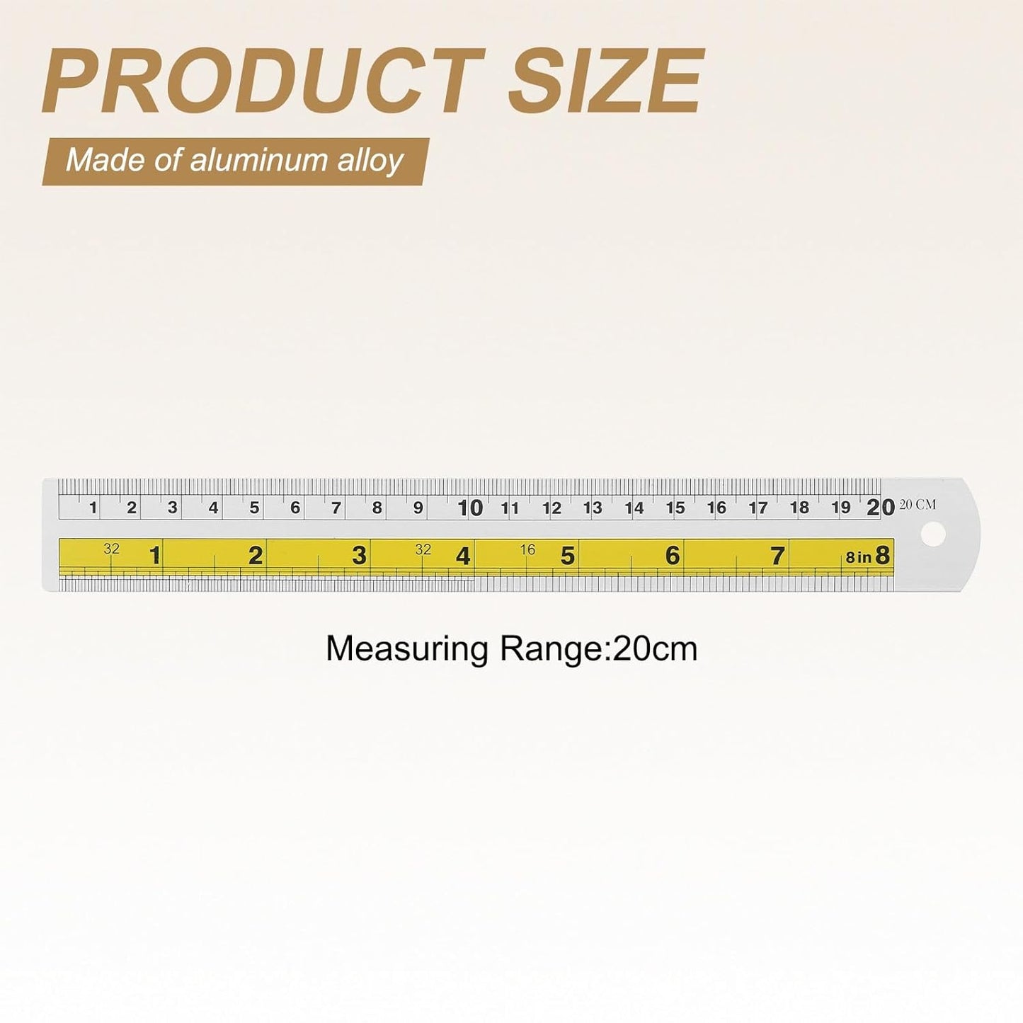 HARFINGTON 4pcs Metal Straight Ruler 20cm Metric SAE Aluminum Alloy Measuring Rulers Scale Tool with Hole for Measure Study Reading Classroom Office, Yellow