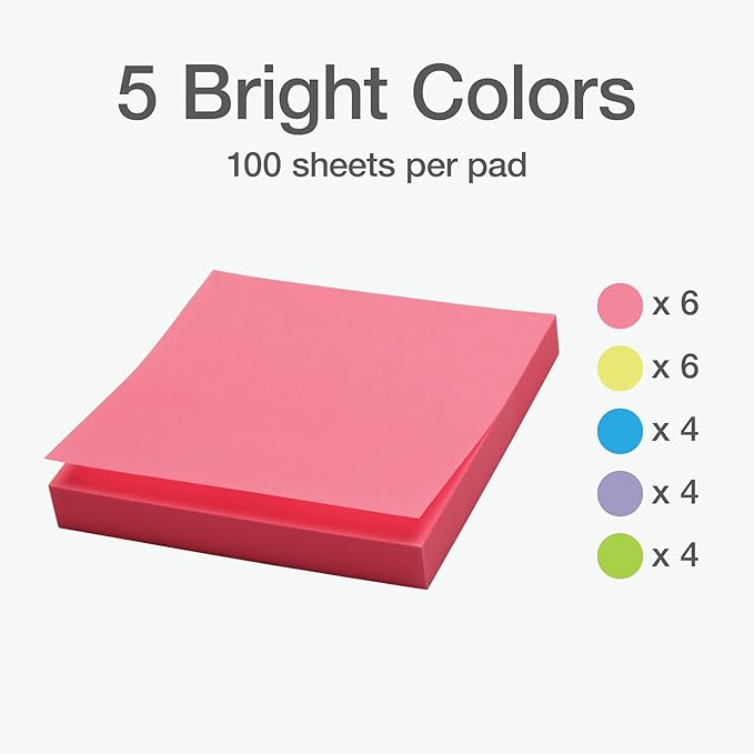Redi-Tag Sticky Notes, Power Stick Notes, Adhesive Reminders, 3" x 3" Reusable Notes, Strong Adhesive Memos, Assorted Bright Colors, 24 Pack (1000978)