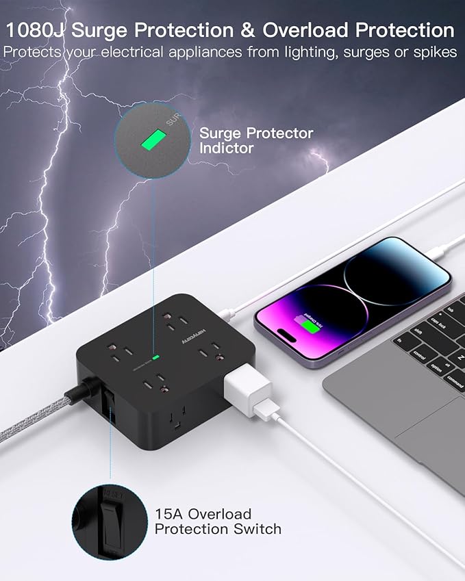 Extension Cord 20 Ft, Power Strip Surge Protector with 8 Outlets 4 USB Ports(2 USB C), Long Cord, Flat Plug, Wall Mount, Desk USB Charging Station for Home Office Essentials