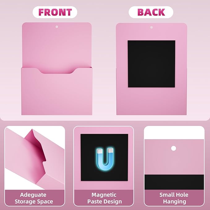 2 Pack Magnetic File Holder - Paper Holder, Pocket Organizer,Hanging Wall File Organizer Office Supplies Storage, Magazine Mail Organizer Case for Notebooks,Planners,Letter (Pink)