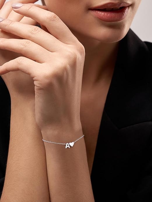 Silvora 925 Sterling Silver Dainty Initial Bracelet with Heart - 6.3" + 2" Adjustable Personalized 26 Letter Bracelet Jewelry Heart Bracelet for Women