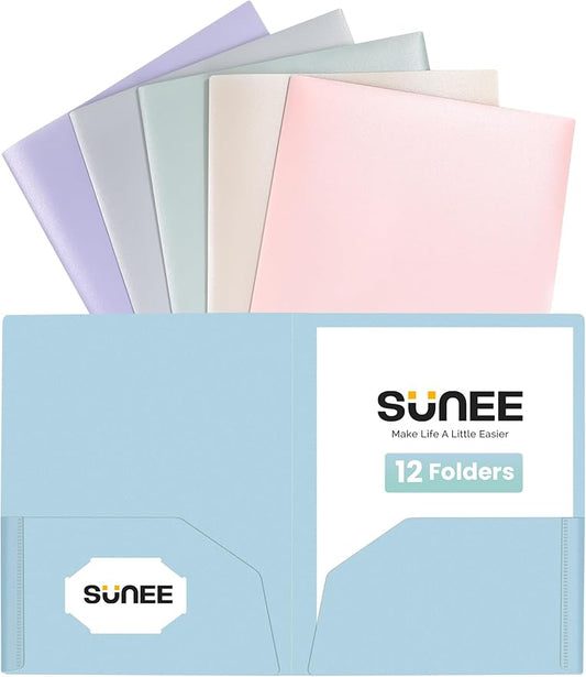 SUNEE 2 Pocket Folders (12 Pack, Pastel Colors) Heavy-Duty Plastic Folders with Pockets, Fit 8.5x11 Letter Size Paper, 2-Pocket File Folders for Kids, Home, School, Office