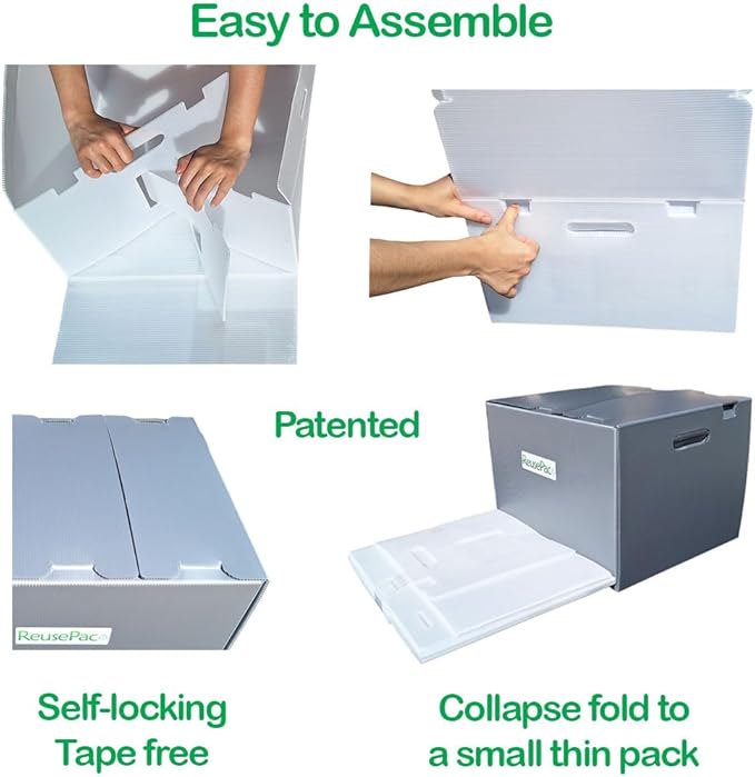 Reusable Foldable Box Corrugated PP Lightweight, Storage Moving, Heavy Duty Stackable, Tape Free Self-Locking Lid, Handles for Business Home In/Outdoors X-Large (Gray, 24x16x12 in)