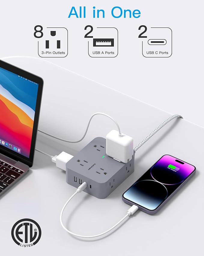 Surge Protector Power Strip 10 Ft Cord, Extension Cord with Multiple Oulets, 8 AC Outlets 4 USB (2 USB C) Ports, Flat Plug, Wall Mount Desk USB Charging Station for Home