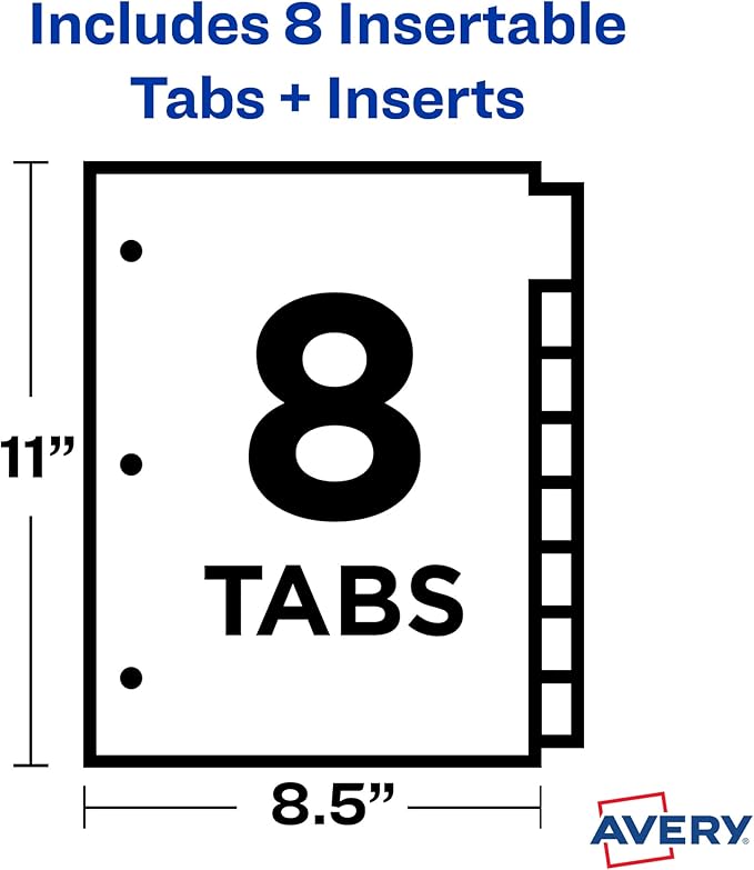 Avery Dividers for 3 Ring Binders, 8-Tab Binder Dividers, Plastic Binder Dividers, Insertable Big Tabs, Multicolor, 1 Set (11901)