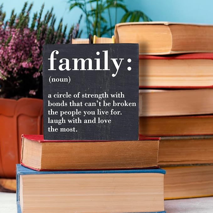 Family Noun Family Quotes Desk Decor Wooden Box Sign Inspirational Rustic Black Wood Block Plaque Box Sign for Home Farmhouse House Kitchen Bathroom Living Room Shelf Table Decoration