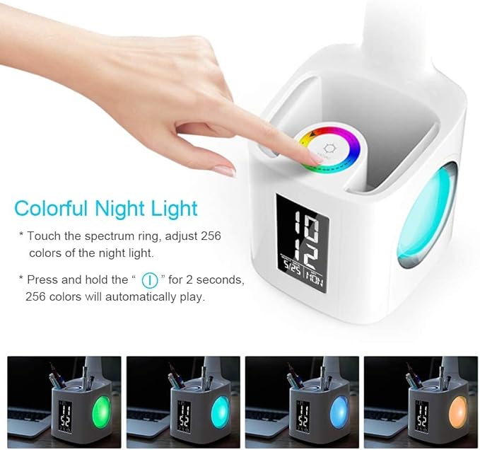 Study Desk Lamp with USB Charging Port&Screen&Calendar&Color Night Light, Kids Dimmable LED Table Lamp with Pen Holder&Clock, Reading Light for Students,10W