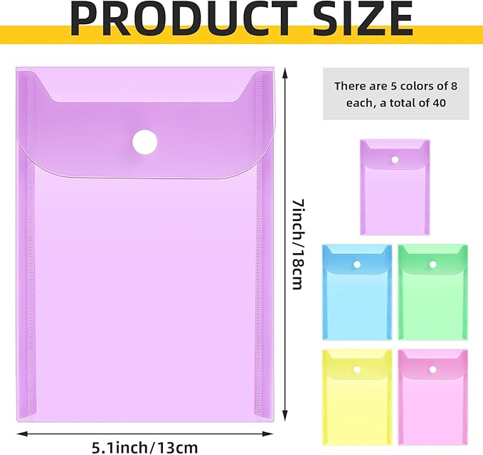 Vmiapxo 40 Pack Multi-Color Stamp and Die Storage Pockets, Reusable Rainbow Small Plastic Envelopes Waterproof Sticker Organizer Receipt Holder Photo Storage Folders (5" x 7")