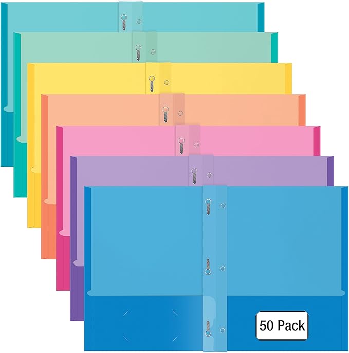 2 Pocket Folders, Assorted 7 Vibrant Colors with Complementing Interior Colors, Fits Letter Size Paper, for School, Office, Home (with Prongs, 50)