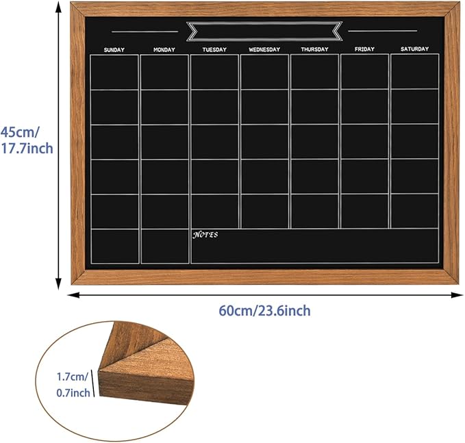 Calendar Chalkboard, 17.7" * 23.6", Magnetic Surface Rustic Brown Solid Pine Wood Frame Chalk Board for Planning/School Timetable/Memo, Hanging Board for Office, School and Home(YLHB-QZ-4560)