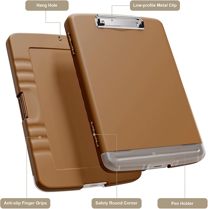 Piasoenc Clipboard with Storage, 8.5 x 11 Organization Box with Pen Holder and A4 Legal Paper Folder, Heavy Duty Plastic, Folio & Side-Opening, Low Profile Clip, for Nurses, Teachers, Brown