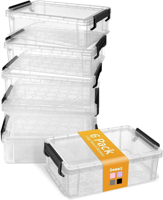 Sooez 6 Pack Extra Large Pencil Box, Plastic Pencil Case Crayon Box Bulk, Clear Marker Organizer Plastic Containers with Lid, Stackable Storage Box for Craft, Pen, Art, School Supply, Black