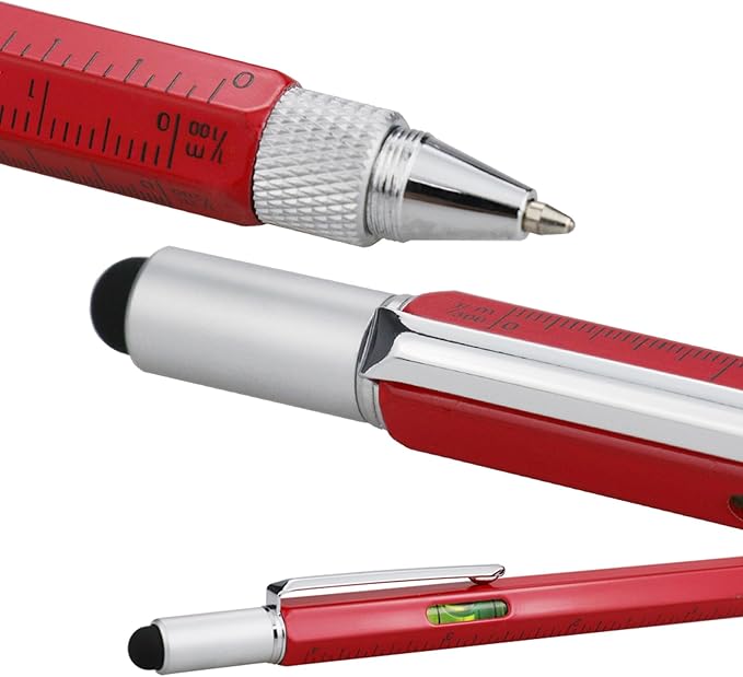 HeTaoCat Gifts Multi Tech Tool Pen 6 in 1 Stylus Pen - Screwdriver Pen with Ruler, Levelgauge, Ballpoint Pen Black ink (Red)