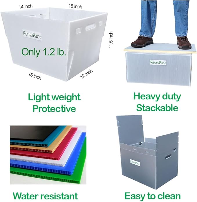 Reusable Foldable Box Corrugated PP Lightweight, Storage Moving, Heavy Duty Stackable, Tape Free Self-Locking Lid, Handles for Business Home In/Outdoors X-Large (Gray, 24x16x12 in)