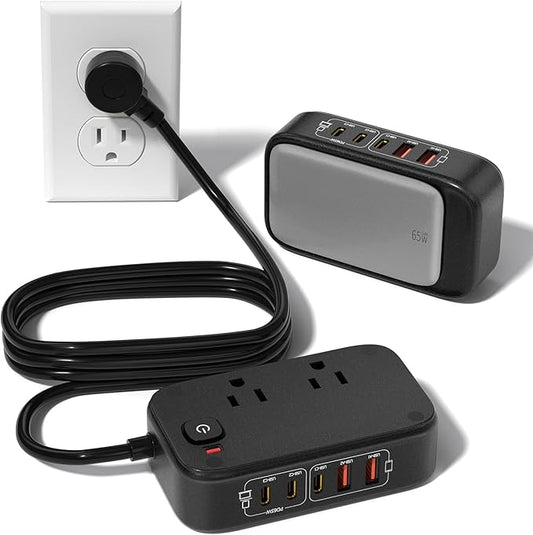 7-in-1 Power Strip, PD GaN 65W USB C Power Strip with 3 USB-C, 2 USB-A Ports and 2500W AC Outlet, Flat Plug Sleek Socket Essentials for Home/Office/College/Travel (Pearl Black, 65W)