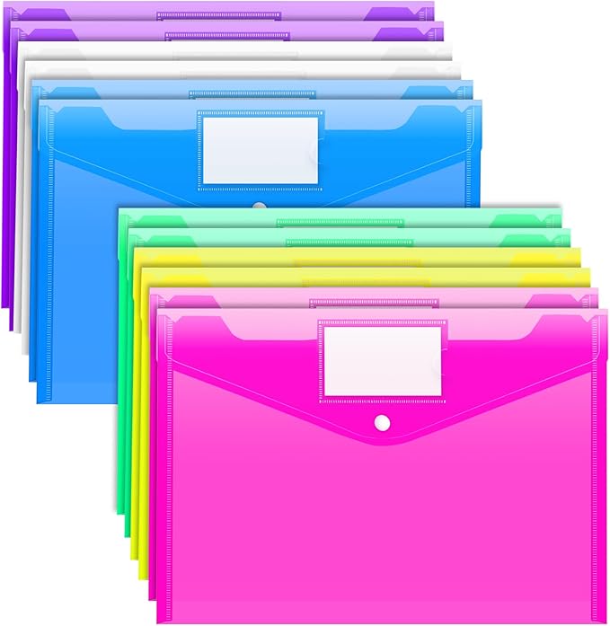 Sooez 12 Pack Folders Plastic Envelopes, Clear Plastic File Folder for Document, Letter A4 Size Poly File Envelopes with Label Pocket, Snap Button for Home Work Office Organizer, 5 Colors