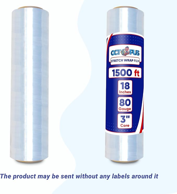 OCTOPUS Stretch Wrap, Industrial Strength 1 Roll Clear, 18” x 1500 feet, 80 Gauge (20 Micron), Heavy Duty Plastic Shrink Film for Packing, Wrapping, Bundling, Shipping, Pallets, and Moving Essentials