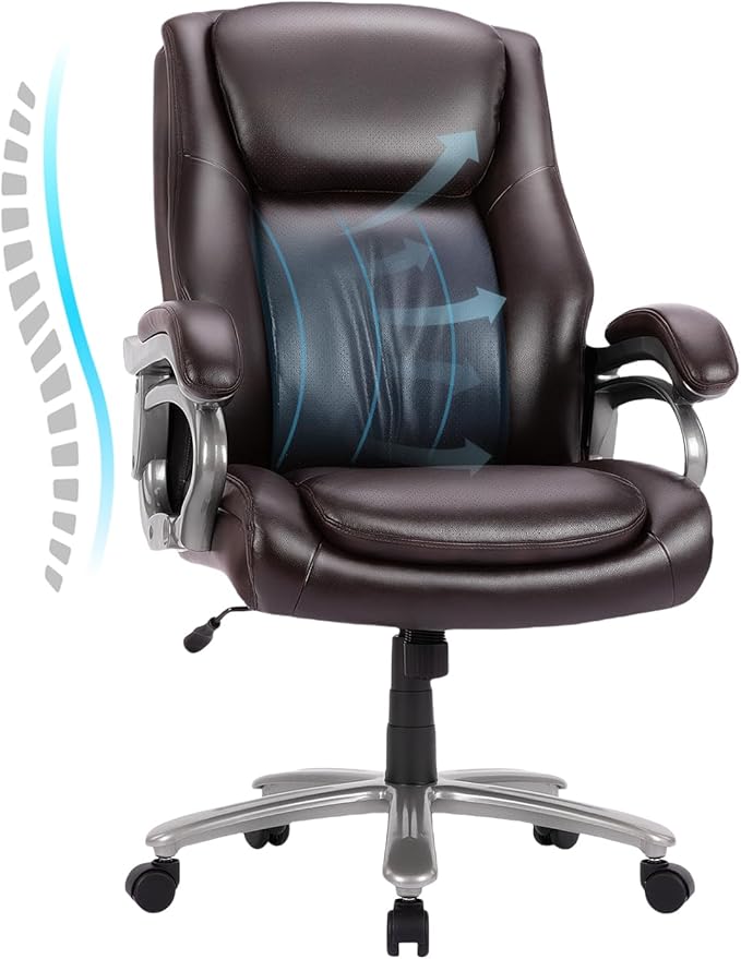 COLAMY Big and Tall Office Chair 400lbs, High Back Heavy Duty Executive Computer Desk Chair with Metal Base, Back Support for Heavy People-Brown
