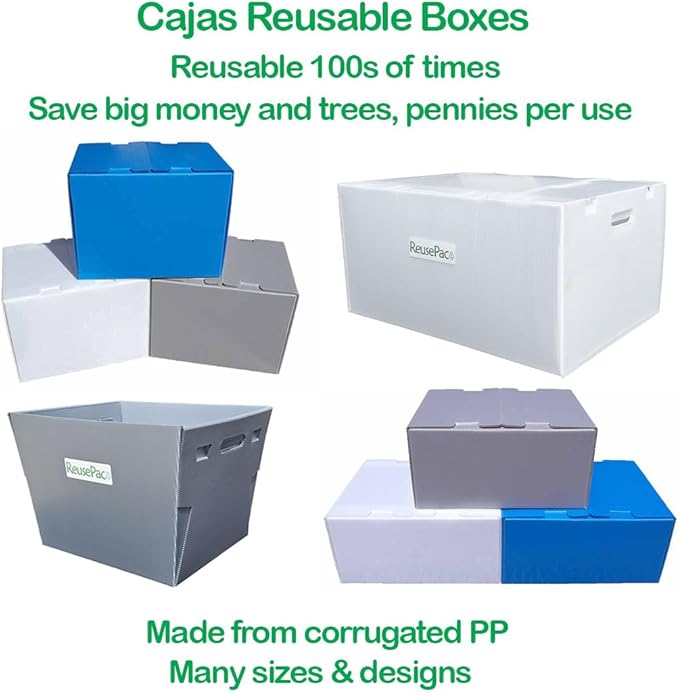 Reusable Foldable Box Corrugated PP, Storage Moving, Heavy Duty Stackable, Tape Free Self-Locking Lid, Handles for Business Home Lightweight In/Outdoors X-Large (nWhite, 18x14x12 in)