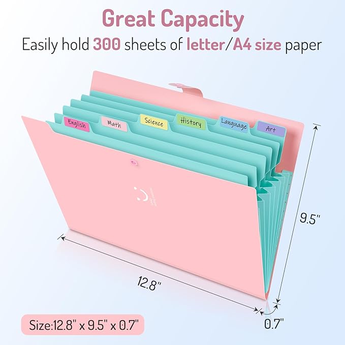 Forvencer Accordion File Organizer, Letter Size, 7 Pocket Expanding File Folder, Cute File Folder with Labels, Portable File Organizer for School Office Supplies, Folders for Documents, Green