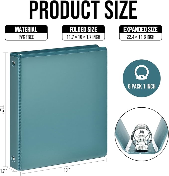 3 Ring Binder 1 Inch, IntoJoy 6 Pack Clear View 3 Hole Binder PVC-Free Fits 8.5x11 Inch Paper Flexible Round Ring Binders for School Office Home Binder Supplies (Green)