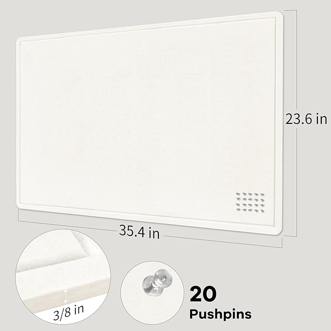 Bulletin Board, 36 x 24 inches Felt Board - Decorative Pin Board, Cork Board Alternative for Wall, 3' x 2' Foldable Picture Board Self-Adhesive Vision Board Prayer Board with 20 Pushpins - White