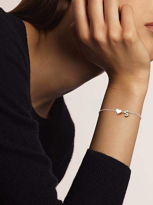 Silvora 925 Sterling Silver Dainty Initial Bracelet with Heart - 6.3" + 2" Adjustable Personalized 26 Letter Bracelet Jewelry Heart Bracelet for Women