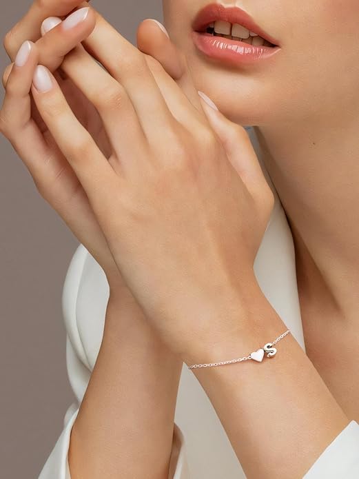 Silvora 925 Sterling Silver Dainty Initial Bracelet with Heart - 6.3" + 2" Adjustable Personalized 26 Letter Bracelet Jewelry Heart Bracelet for Women