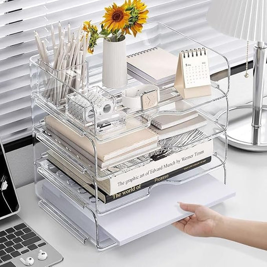 JOSUCLEN Paper Organizer, Acrylic Desk Organizer and Storage Office, Set of 4 File Organizer for Desk, Stackable Paper Tray