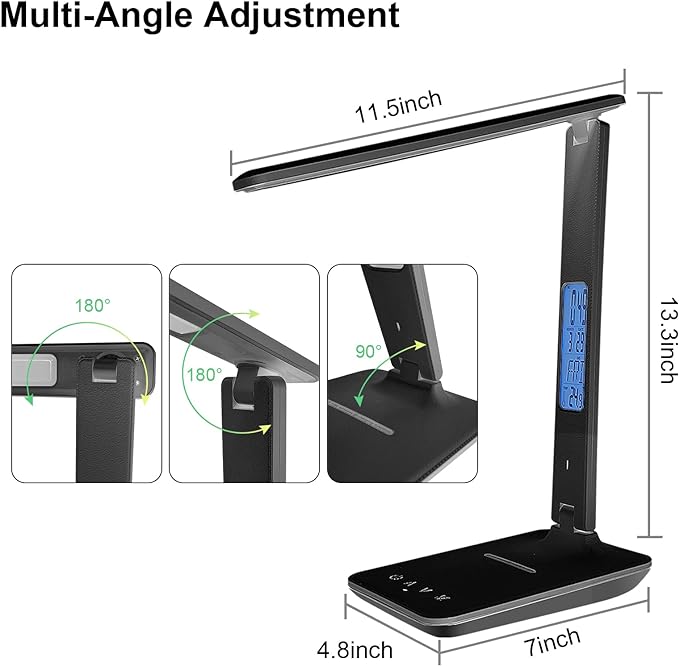 Desk Lamp with Wireless Charger, USB Charging Port, Dimmable Office Desk Light with Clock, Alarm, Date, Temperature, Foldable Lamp for Table Bedroom Bedside Office (Black)