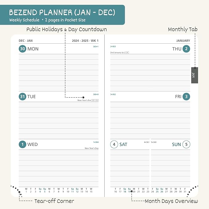 BEZEND Pocket Calendar 2025 for Purse 3.5" x 6", 2025 Pocket Planner Daily Weekly & Monthly with Pen Holder, Small Agenda 2025 with Vegan Leather Hard Cover - Sky Blue