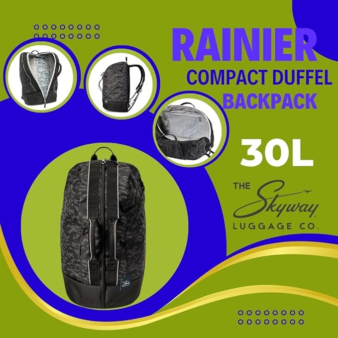 Skyway Luggage Rainier Compact Duffel Backpack, Eco-Friendly, Made of 100% rPET Travel Laptop Bag for Women & Men, Flight Approved Carry On Bag, 30L, Kohala Black