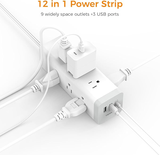 Surge Protector Power Strip 15 Ft, TESSAN Flat Plug Long Extension Cord with 9 Outlets 3 USB(1 USB C), Surge Protection Mountable Desk Charging Station for Indoor, Home, Office, Dorm Room Essentials