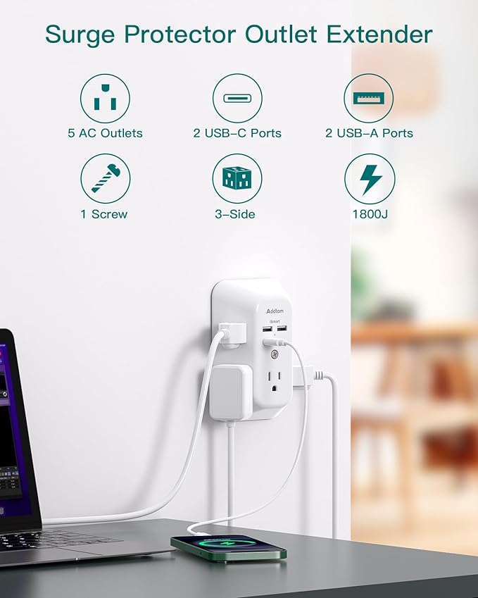 Outlet Extender Surge Protector - Addtam 5-Outlet Splitter with 4 USB Wall Charger(PD 20W), Multi Plug Wall Outlet Power Strip for Home, Dorm Room Essentials
