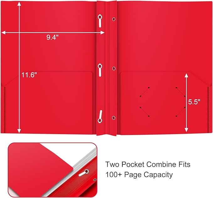 Heavy Duty Plastic Folder, 60 Pack, Pocket Folder with brads, Letter Size Poly File, Plastic Folders with 3 Prongs Fasteners - Red