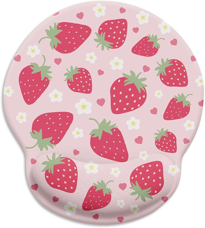 Strawberry Mouse Pad, Pink Ergonomic Mouse Pad with Wrist Rest, Gaming Mousepad with Non-Slip Pain Relief PU Base, Cute Wrist Support Mouse Pad, Pink Office Desk Accessories Decor Supplies