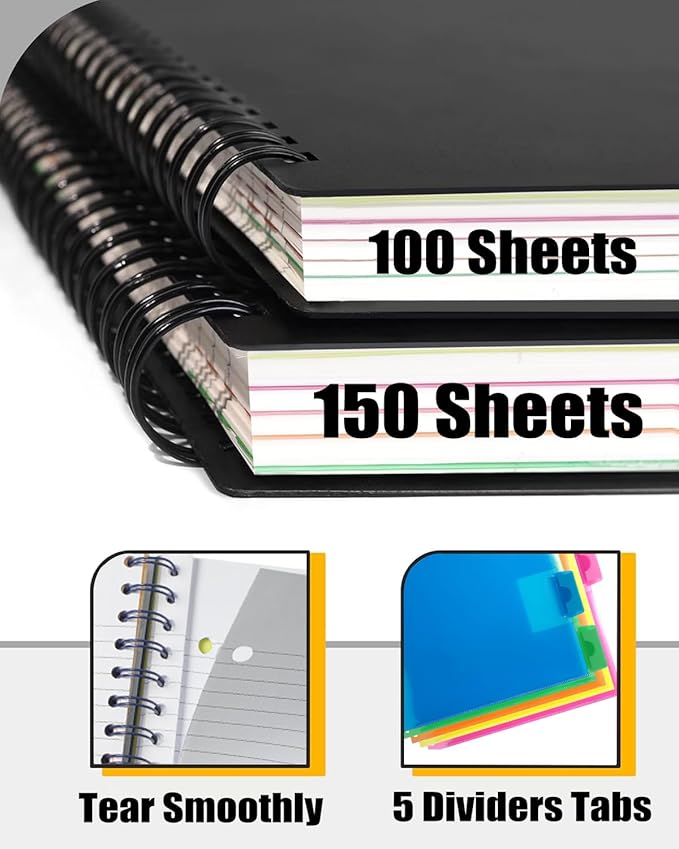 5 Subject Notebook - Spiral Notebook, College Ruled Notebook With Dividers Pocket, Tabs, 11" Ruler, 300 Pages, for Writing Journal, Home & Office, School Supplies, 8.5x11'' CoCo Brown150 Sheets