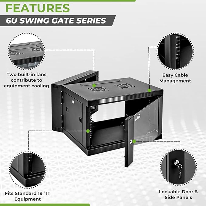 NavePoint 6U Server Cabinet with Hinged Back - 17.7” Deep, 6U Server Rack Enclosure with Locking Glass Door, Wall Mount Rack with Removable Side Panels, 6U Network Cabinet with 2 Fans, Pre-Assembled