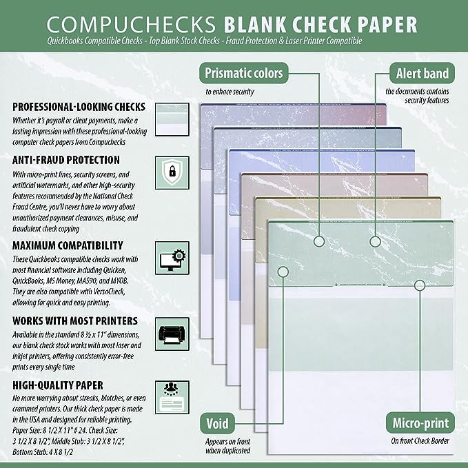 Compuchecks Check on Top Blank Check Paper - 100 Pack, Quick-Books & Laser Printer Compatible - Security Business Checks with Voucher - 8.5" x 11" Burgundy Marble