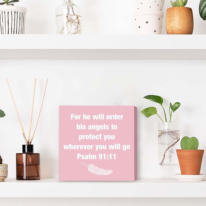 Pink Psalm 91:11 Office Decor Desk Accessories Inspirational Gifts for Women Bible Verse Gifts Pink Christian Office Decor Sign Desk Decorations for Women Home & Office Cute Desk Accessories