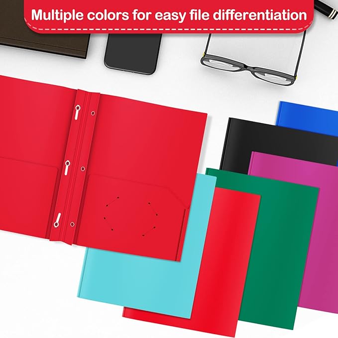 Heavy Duty Plastic Folder, 60 Pack, Pocket Folder with brads, Letter Size Poly File, Plastic Folders with 3 Prongs Fasteners - Red