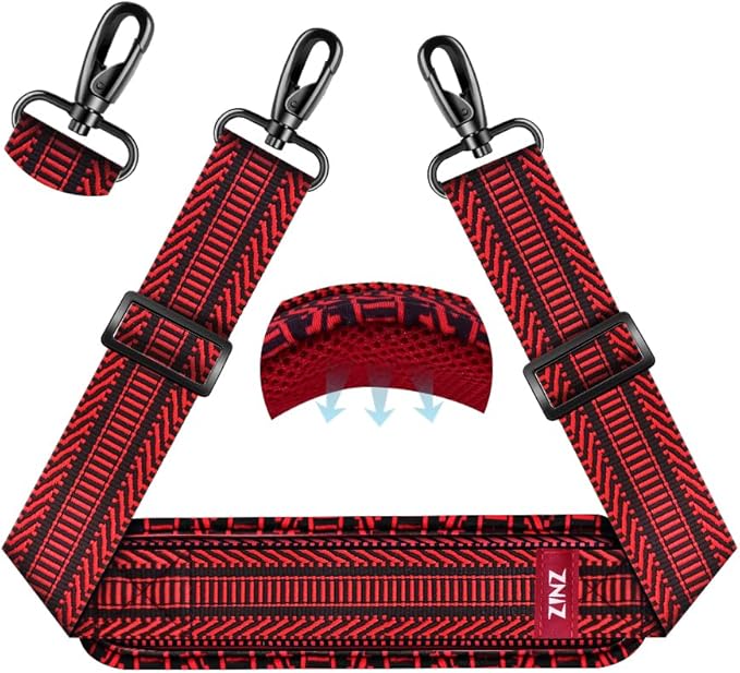 ZINZ 75" Shoulder Strap with Fixed Pad and Dual Balanced Buckles，Black Red Jacquard