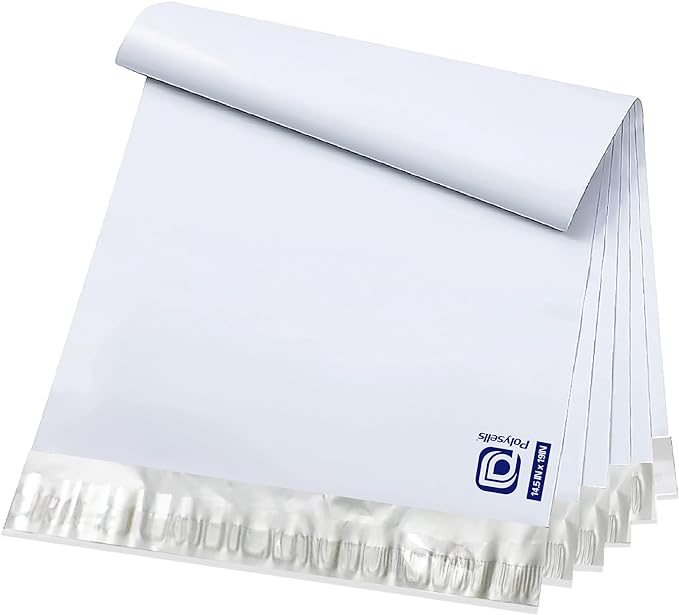 POLYSELLS 100 pcs 14.5x19 Inches White x Silver Poly Mailers Shipping Envelopes, Strong Adhesive Sealing, Waterproof, and Tear-resistant Postal Mailing Bags for Clothing, Books, and Accessories