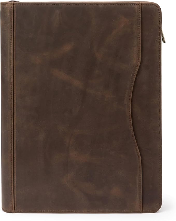 YIWEN Handmade Crazy-Horse Leather 3 Ring Binder Portfolio Padfolio Folder with Zipper for Men and Women, Business Organizer for Letter A4 Size for Meeting and Travel (Non-custom, Dark Khaki)