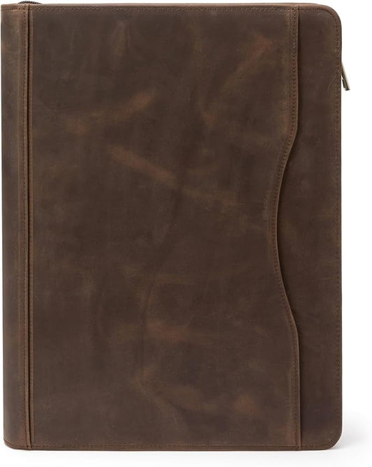 YIWEN Handmade Crazy-Horse Leather 3 Ring Binder Portfolio Padfolio Folder with Zipper for Men and Women, Business Organizer for Letter A4 Size for Meeting and Travel (Non-custom, Dark Khaki)