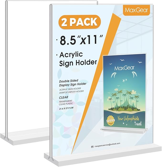 MaxGear Acrylic Sign Holder 8.5x11 Inches 2 Pack, Double Sided Clear Display Stand Table Top Sign Paper Holder, Vertical Menu Flyer Holder, Plastic Sign Frame for Stores, Restaurants, Hotels, Office