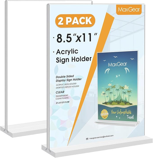 MaxGear Acrylic Sign Holder 8.5x11 Inches 2 Pack, Double Sided Clear Display Stand Table Top Sign Paper Holder, Vertical Menu Flyer Holder, Plastic Sign Frame for Stores, Restaurants, Hotels, Office