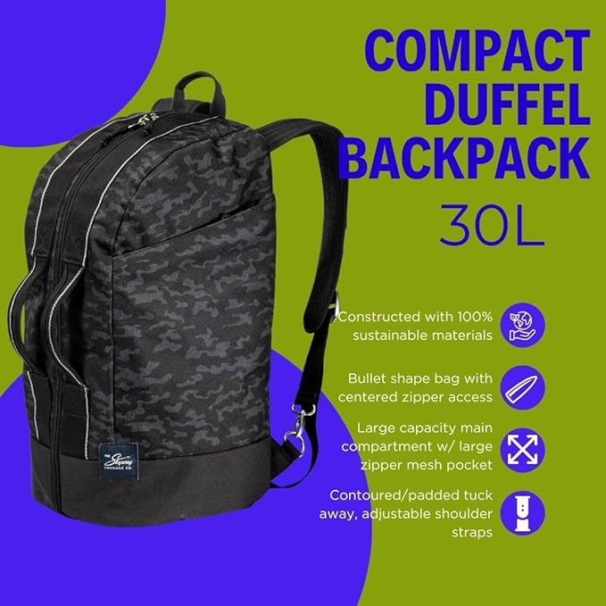 Skyway Luggage Rainier Compact Duffel Backpack, Eco-Friendly, Made of 100% rPET Travel Laptop Bag for Women & Men, Flight Approved Carry On Bag, 30L, Kohala Black