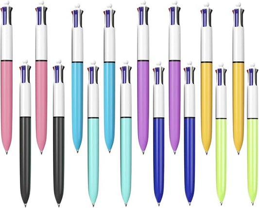 16-Pack Multicolor Ballpoint Pens. 4 color pens in one: red, blue, black, and green. It writes smoothly and is suitable for use in planners. These are 0.7mm multicolor pens.