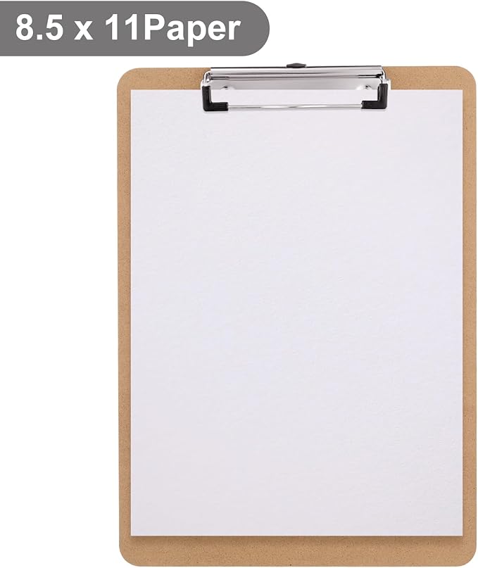 Wood Clipboards, Letter Size Hardboard Clip Board 8.5x11 for Classroom, Students, Kid, Teacher, A4 Standard Size 9" x 12.5" with Low Profile Clip, Office & School Supply